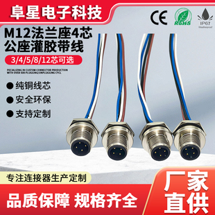 M12连接器航空插座法兰座板前板后4芯5芯8芯12芯灌胶焊接带线防水