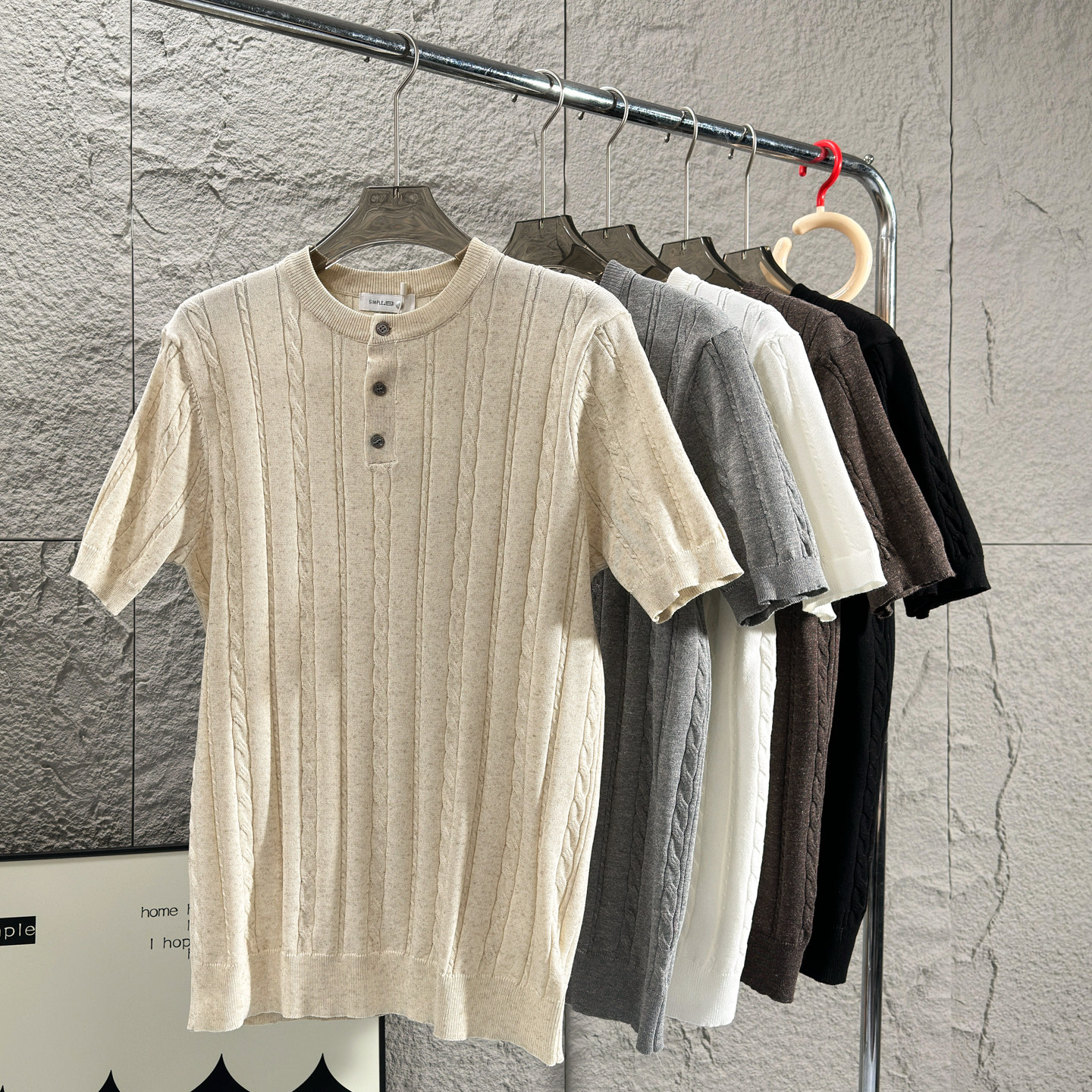 麻花提花！清爽有型！夏季男士老钱风亲肤美式亨利领针织短袖毛衣