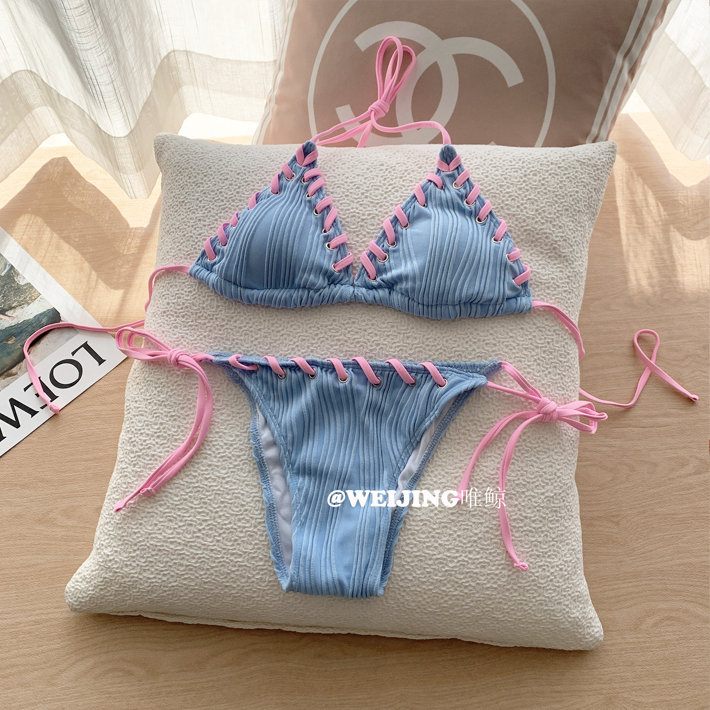 新款时尚比基尼泳衣女拼色分体绑带性感温泉海边度假风欧美游泳装