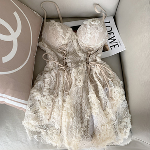 唯鲸法式蕾丝泳衣女裙式高级感连体遮肚显瘦带钢圈吊带性感泳装