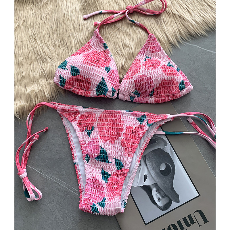 粉花色比基尼泳衣女分体褶皱性感温泉海边度假拍照显白少女泳装