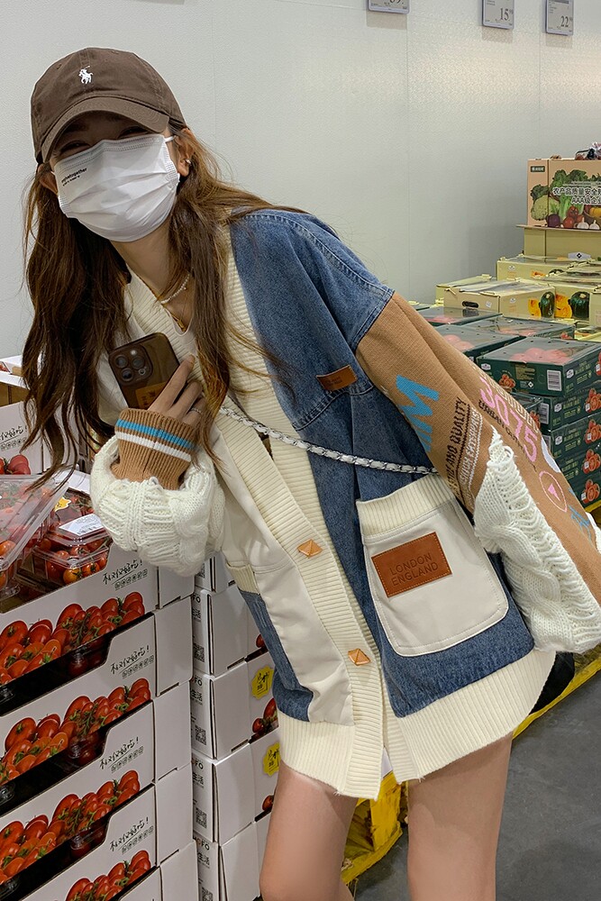 牛仔拼接毛衣开衫女宽松针织袖外套女2C112-CF66-P140-K198,女装短外套,2C112