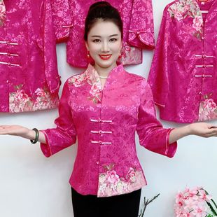 中年唐装女士2024春夏季妈妈装中国风提花大码中式盘扣刺绣上衣爆