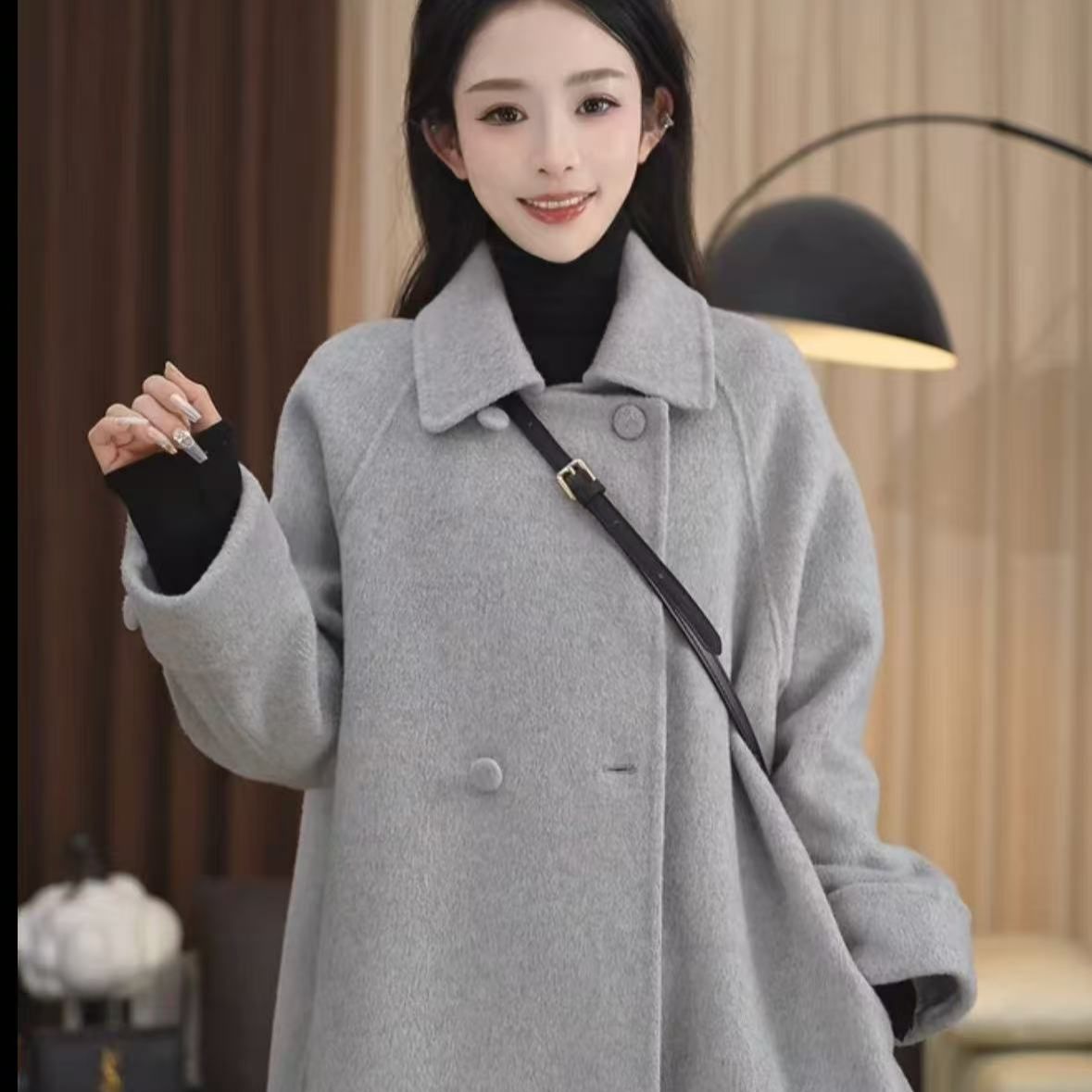 气质名媛长毛尼大衣2025秋冬毛呢羊毛薄款中长款修身POLO领小个子