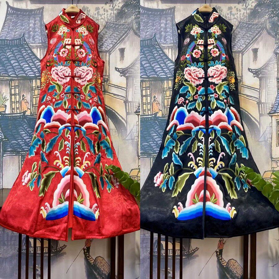 原创设计长款重工刺绣满绣立领盘扣马甲旗袍开衫民族风连衣裙长袍