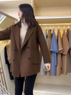 咖啡色西装领双面羊毛大衣女短款2025年新款秋冬韩版宽松毛呢外套