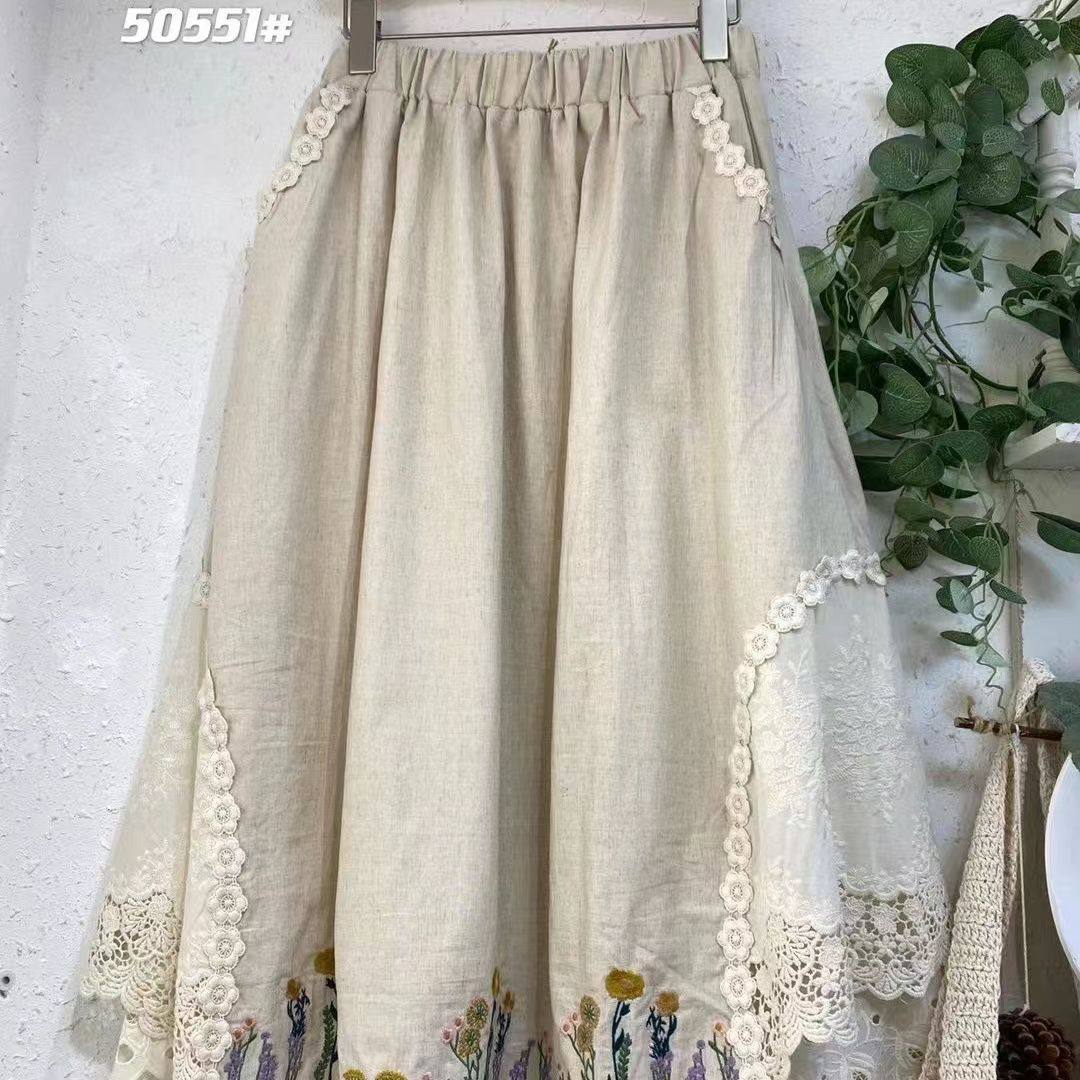 绣花精美亚麻文艺裙子