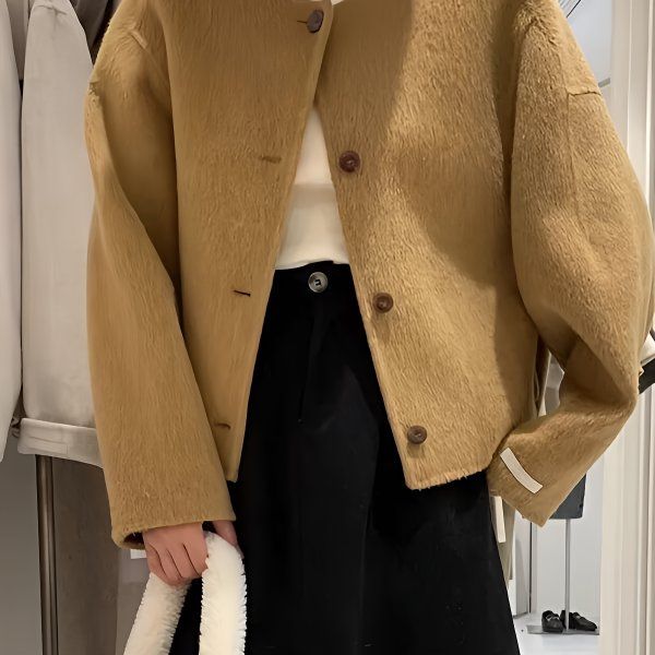 双面毛呢大衣香风2025羊毛新款短款小个子气质圆领宽松外套