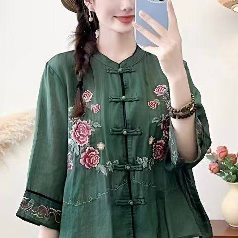 清仓捡漏夏季新款刺绣花衬衫上衣女文艺复古民族风立领开襟上衣