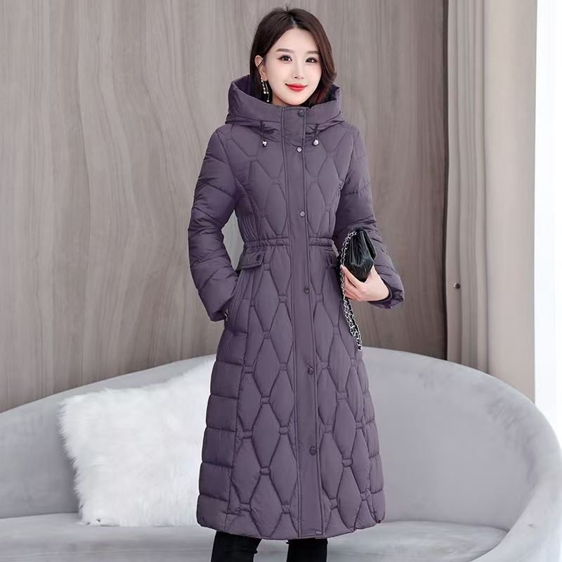 妈妈装保暖女过膝棉服女冬季大码棉衣连帽长款中老年外套修身棉衣