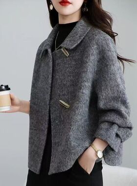 双面大衣羊毛短款双面外套毛呢简约2025新款小个子秋冬牛角扣上衣
