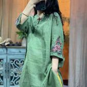 中式 长裙夏新品 改良旗袍复古刺绣麻料连衣裙 盘扣五分袖 2024新款