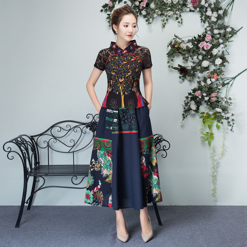 夏季印花复古风修身亚麻大摆裙