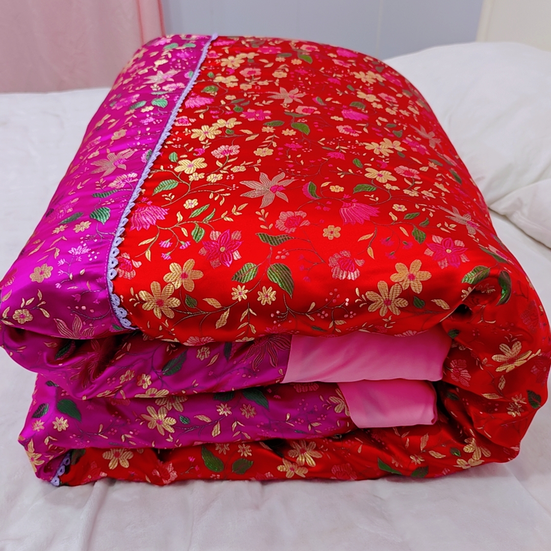 织锦彩缎绸缎被罩200*230撞色拼接工艺复古丝绸里布侧边拉链