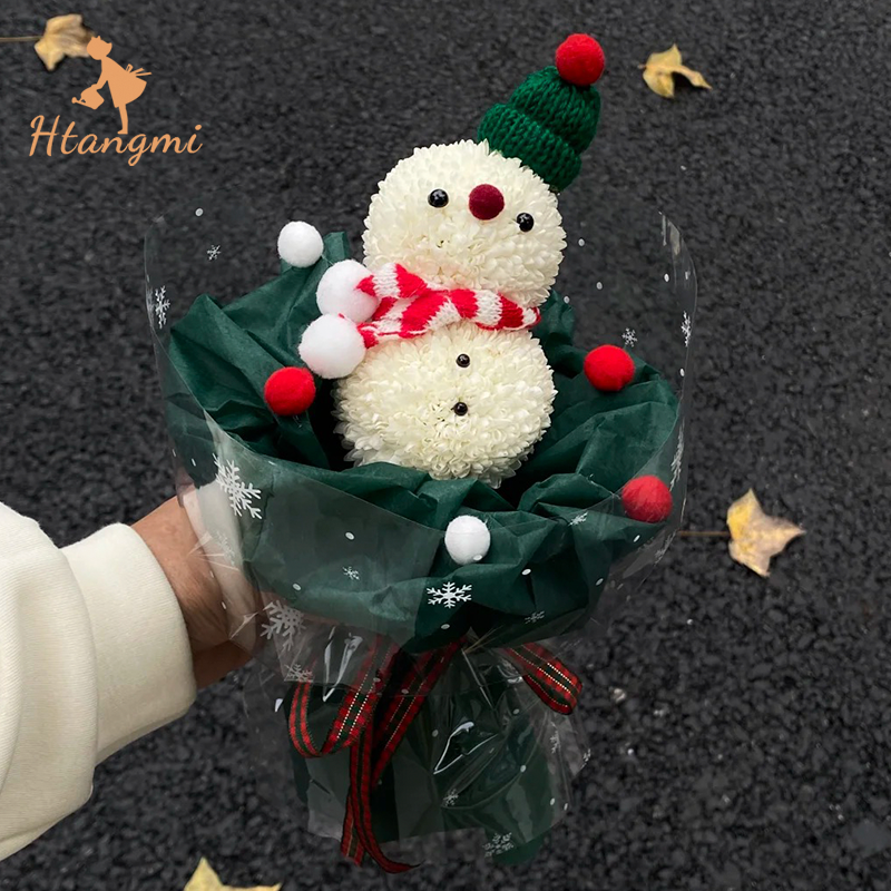 圣诞节小雪人花束装饰材料diy乒乓菊配件鼻子眼睛帽子围巾整套花