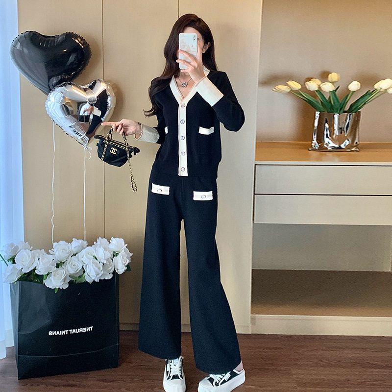 时尚休闲套装女2025春季新款小香风长袖开衫裤腿裤针织两件套装裙