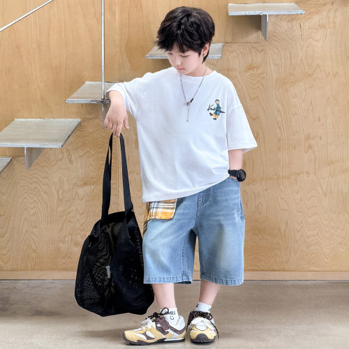 男童短袖T恤夏季凉感纯棉半袖2026夏装新款男孩超帅气牛仔中裤潮