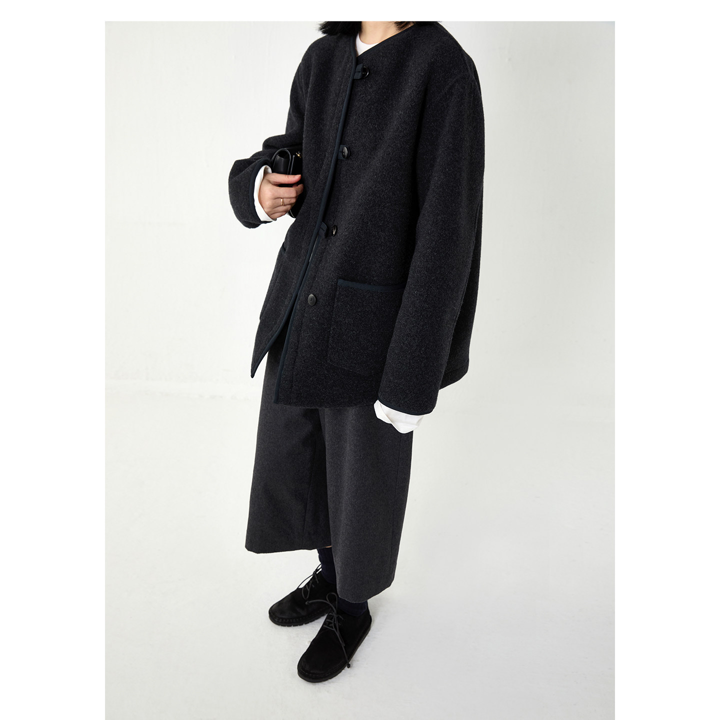 杲果GAOGUO 日本进口蓬弹厚双面呢料袢扣宽松廓形无领口袋外套,女装/女士精品,毛呢外套,淘宝优惠券,粉丝福利购,淘宝优惠卷