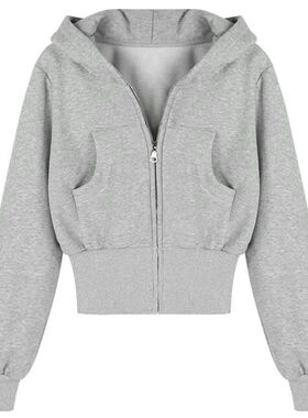 美式复古灰色连帽卫衣外套女秋季加绒加厚小个子短款收腰开衫上衣