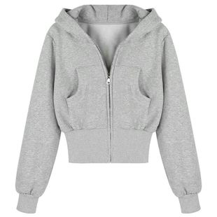 美式复古灰色连帽卫衣外套女秋季加绒加厚小个子短款收腰开衫上衣