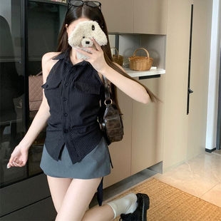 复古收腰修身 条纹Polo领无袖 夏季 衬衫 衬衣设计感小众别致上衣 女装