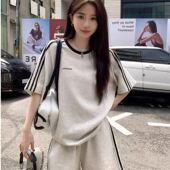 炸街休闲运动服套装 短裤 女夏学生宽松韩版 短袖 跑步两件套 时尚 美式