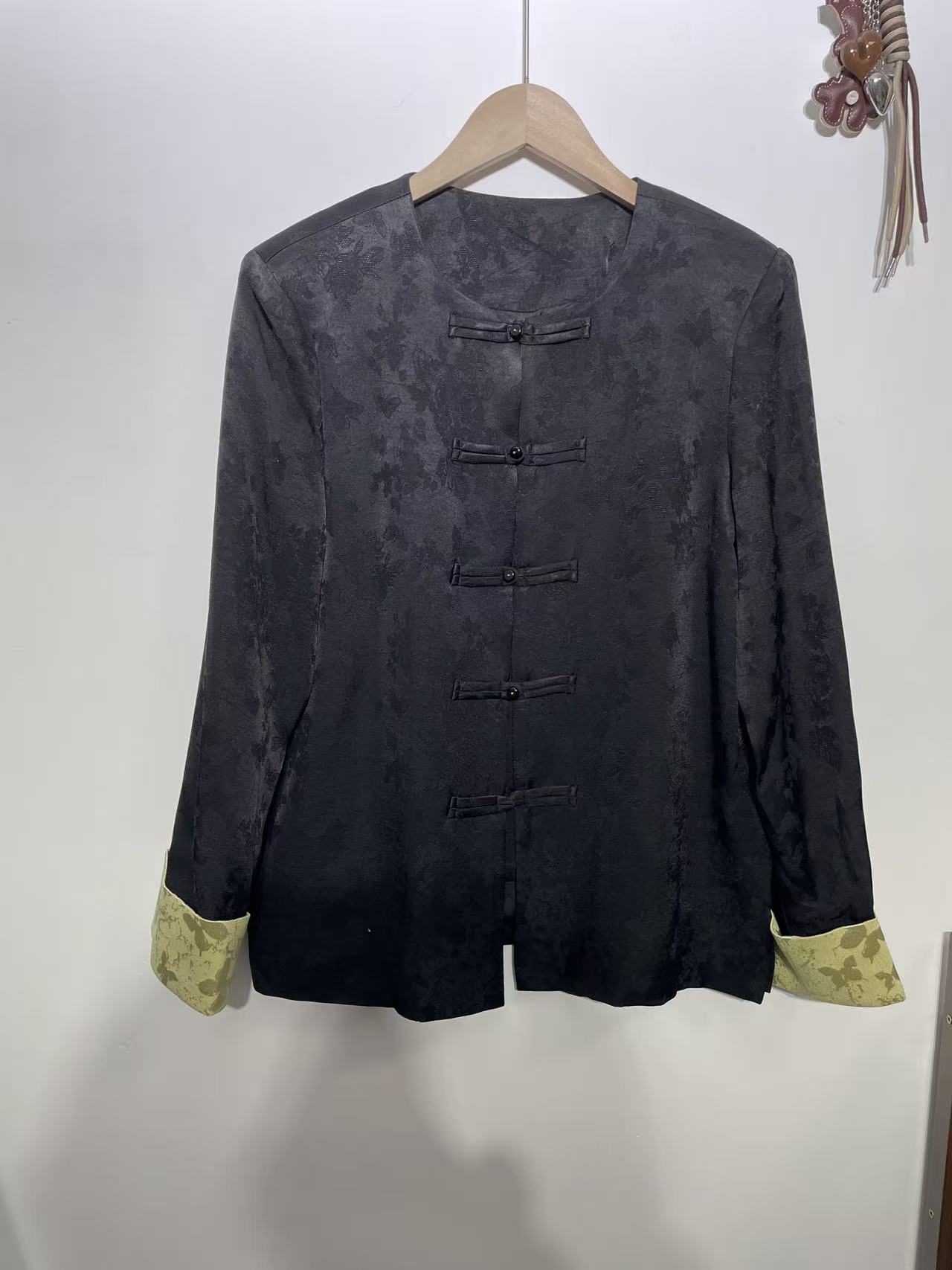 新中式国风提花撞色拼袖长袖玉石扣外套女新款开衫上衣