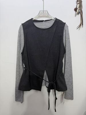 韩版显瘦圆领长袖针织打底上衣系带马甲两件套女款上衣