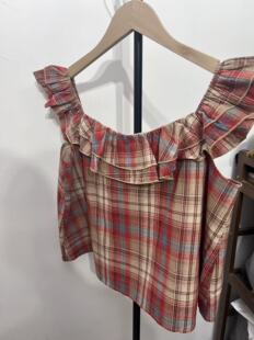 小衫 甜辣红色格子洋气减龄法式 女夏季 衬衫 宽松显瘦上衣 方领小飞袖