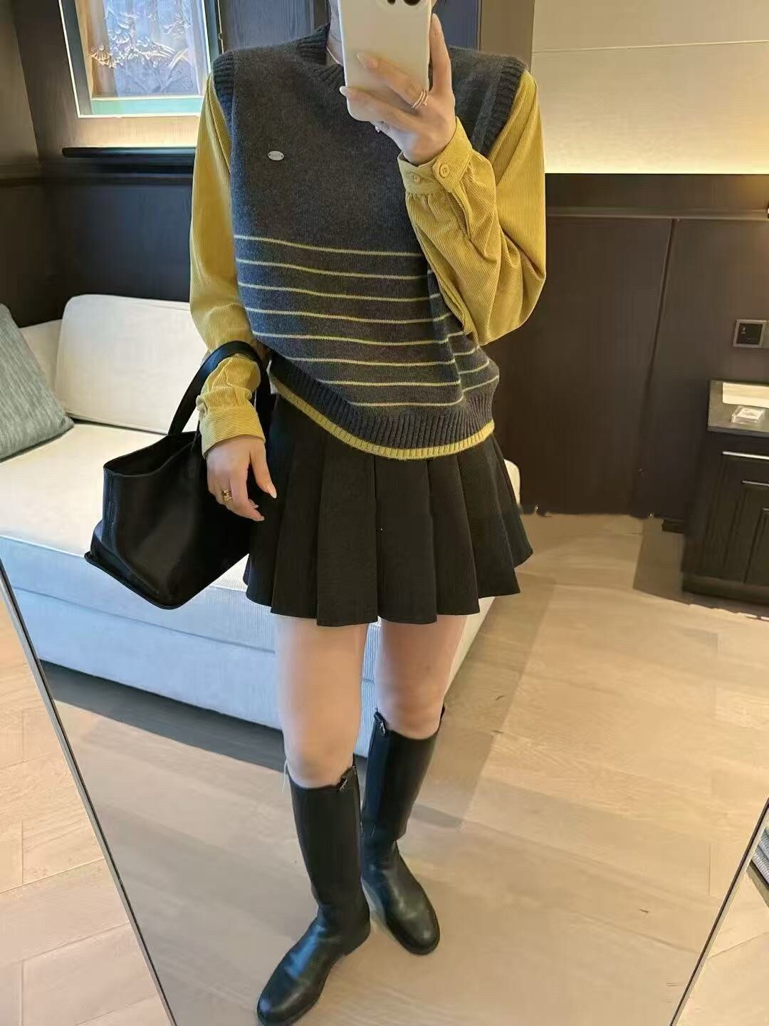 套头假两件设计感衬衫长袖拼接条纹针织衫女春款宽松减龄毛衣上衣