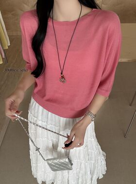 3068夏薄料短袖针织衫圆领纯色上衣打底衫百搭显瘦半袖女青白条纹