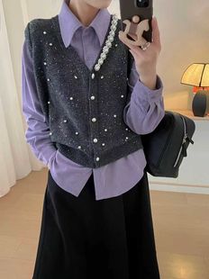731真两件套重工泡珠亮片针织马甲V领开衫 紫色衬衣女宽松上衣春款
