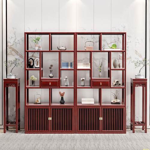 实木新中式博古架南榆木多宝阁茶柜茶具置物架客厅古董隔断展示柜