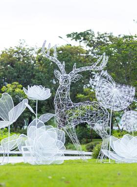 不锈钢镂空梅花鹿金属雕塑铁艺户外蒲公英兔子摆件公园林景观装饰