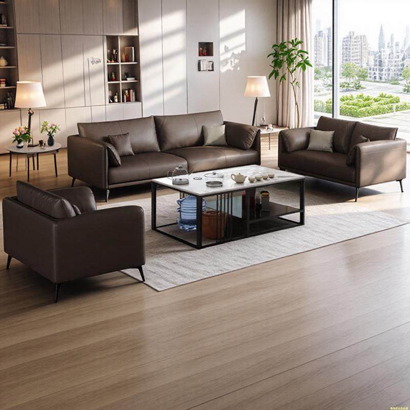 猫抓皮办公室沙发三人位商务接待会客简约休闲真皮沙发茶几一体式