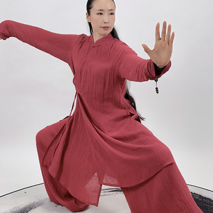 马蕾太极长款春夏蓝中国风高档麻棉休闲太极服女晨练练功服红定制