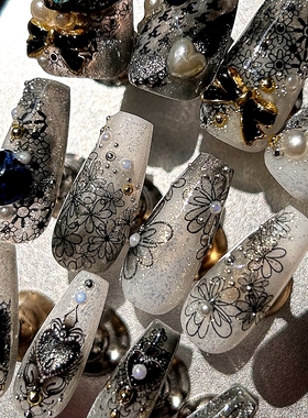 纯手工小香富家千金风蝴蝶穿戴甲鎏金蕾丝飘带美甲猫眼胶礼服婚甲