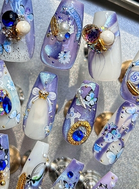 纯手工小香风千金蝴蝶穿戴甲鎏金蓝紫手绘绫罗绸缎飘带美甲猫眼胶