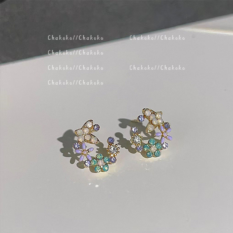 Chakoko泫雅风彩色镶钻花朵耳钉