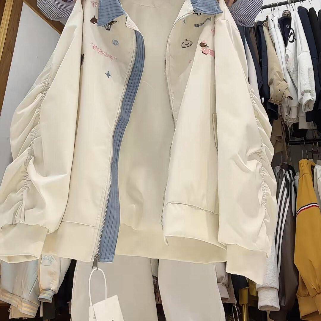 美式复古可爱狗狗刺绣假两件开衫外套女春秋季宽松休闲棒球服夹克