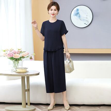 妈妈装2026年夏季荷叶边两件套中年时尚套装优雅风阔腿裤短袖女装