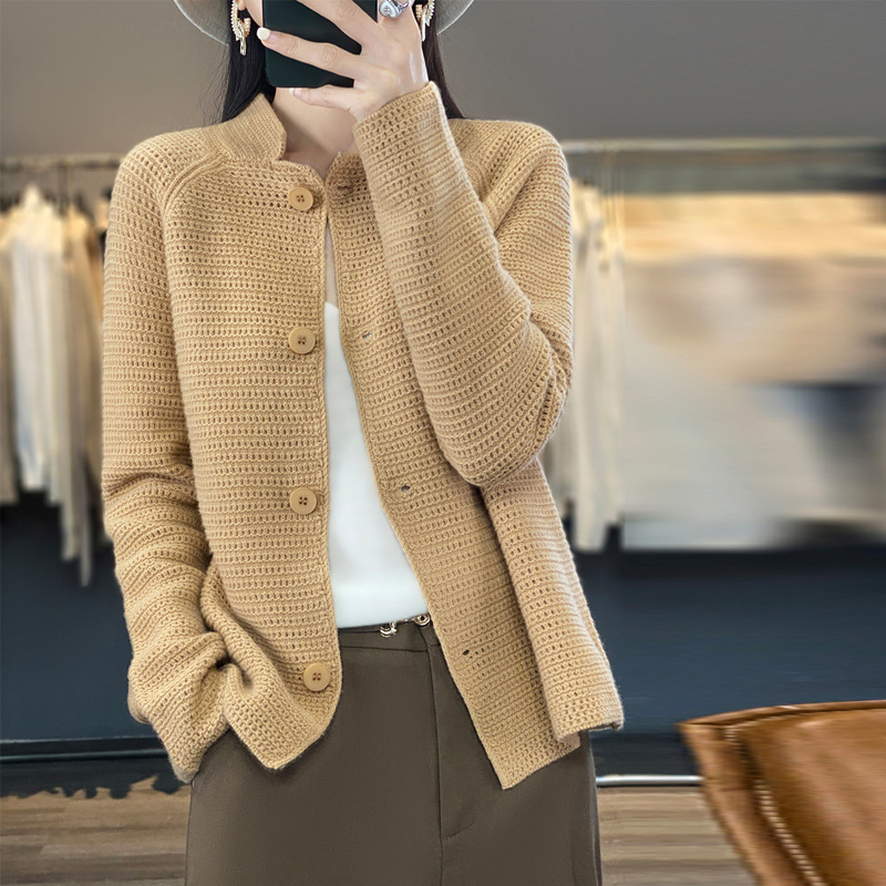 韩版慵懒风针织开衫女2024秋冬新款时尚立领提花气质休闲毛衣