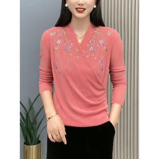 打底衫 纯色烫钻小花肌肤纱洋气长袖 交叉领简约妈妈装 2025早秋新款