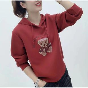 宽松休闲洋气长袖 春秋新款 卡通烫钻连帽卫衣中年女装 时尚 上衣 韩版