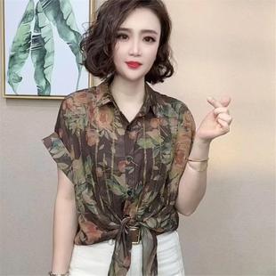 短袖 洋气小衫 印花雪纺衬衫 新款 中老年宽松T恤上衣 夏装 年轻妈妈装