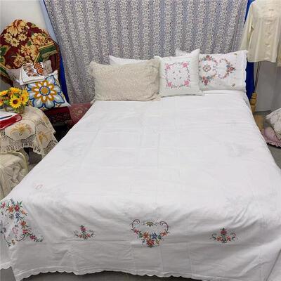 c214  十字绣960D双人床单2.4×2.7m 白色棉质