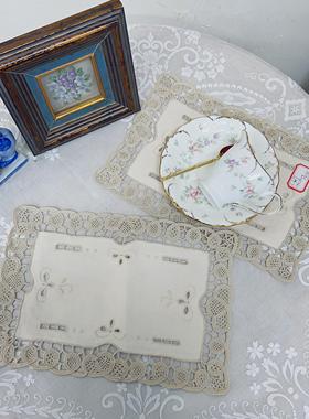 E219 小号即墨花边手绣花长方盘垫本色棉质28x19cm（2片）