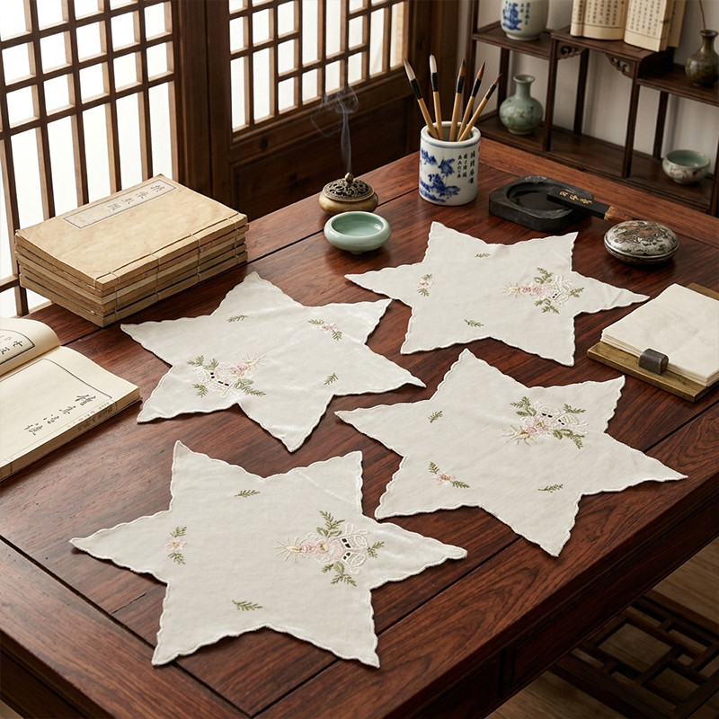 欧式百搭耐磨纯棉绒绣六芒星铃铛盘垫棉质有氧化纯手工4片装G206