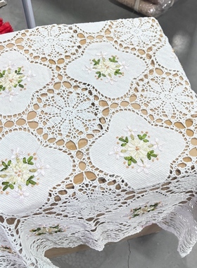 M332 白色钩针拼丝带绣方桌布130cm