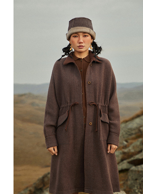 Say Ya【卓】山野自在 翻领夹花斜纹拼接羊绒抽绳外套 中长/重磅